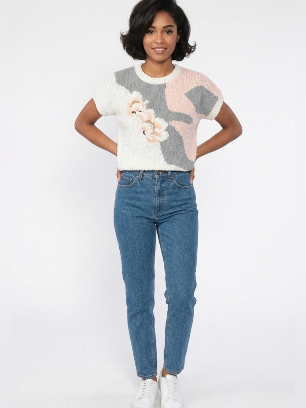 Vtg 80s Western Connection Floral Popcorn Knit Short Sleeve Sweater Medium